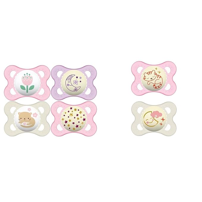MAM Pacifiers 0-6 Months 4-Pack with Glow-in-Dark + 2-Pack Self-Sterilizing Case and Night Pacifiers for Baby Girl