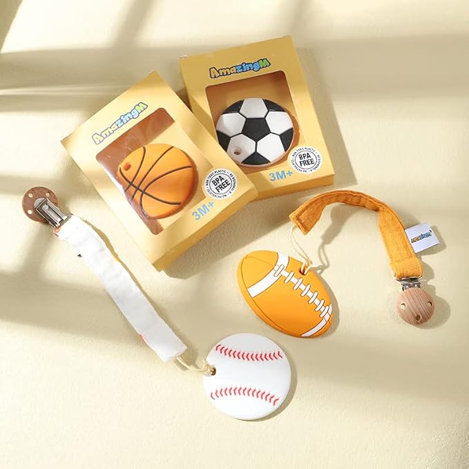 Baby Food Grade Silicone Sports Shape Teether Toy with Pacifier Clip Holder,Teething Pain Relief Toys Gift Set for 3 Months+ Boys and Girls,Freezer Safe,BPA Free (Basketball)
