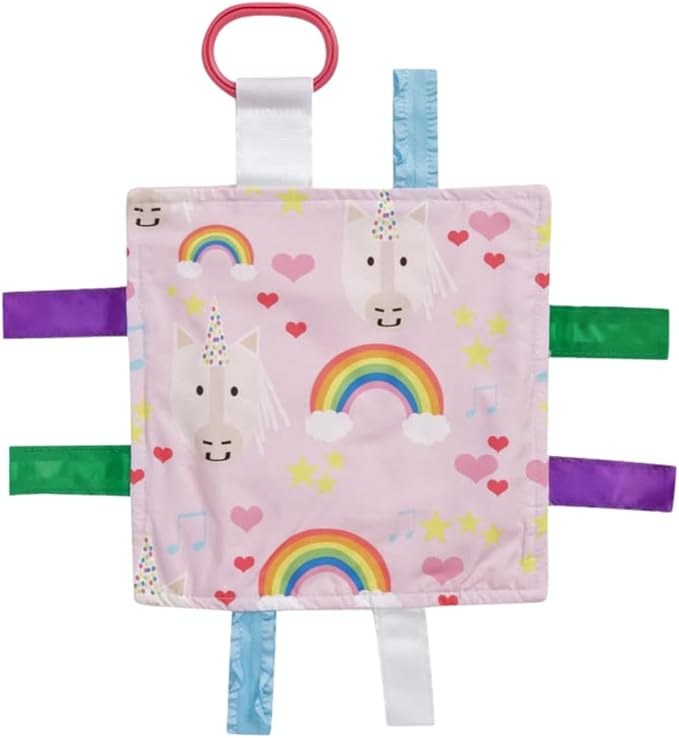 Baby Jack & Co 8x8 Unicorn Lovey Tag Toys for Babies with Crinkle Sensory Development - Soft & Safe Soother for Learning Shapes & Colors - BPA Free with Stroller Clip