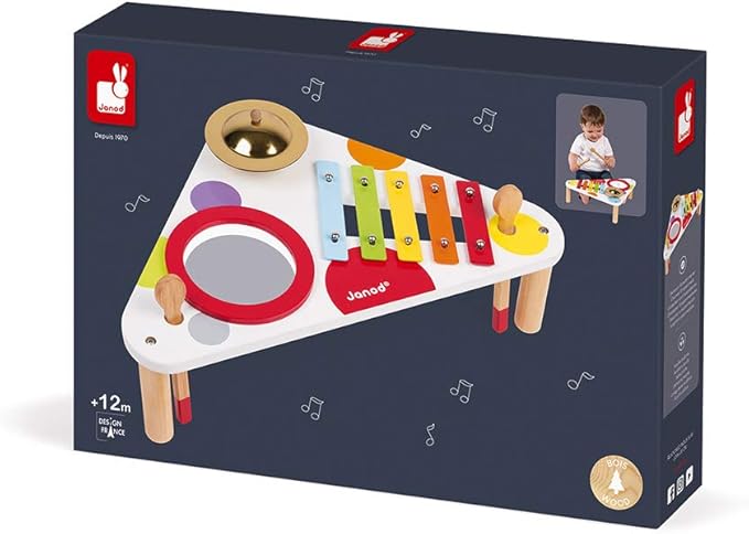 Janod Confetti Wood Musical Table - Includes 3 Instruments - Ages 12 Months+ - J07634
