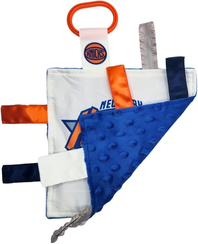 The Learning Lovey New York Knicks Baby Tag Toy, NBA Basketball Sensory Crinkle Toys, Soft & Safe, Ideal Stroller, BPA-Free with Clip, 8" x 8"