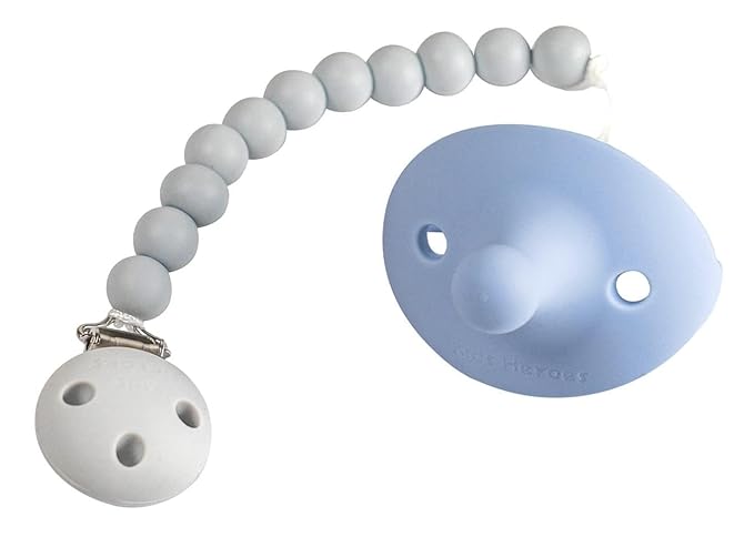 Kids Heroes Silicone Pacifier Holder Clip with One Piece Design for Baby, 2 Pack (Blue and Grey)