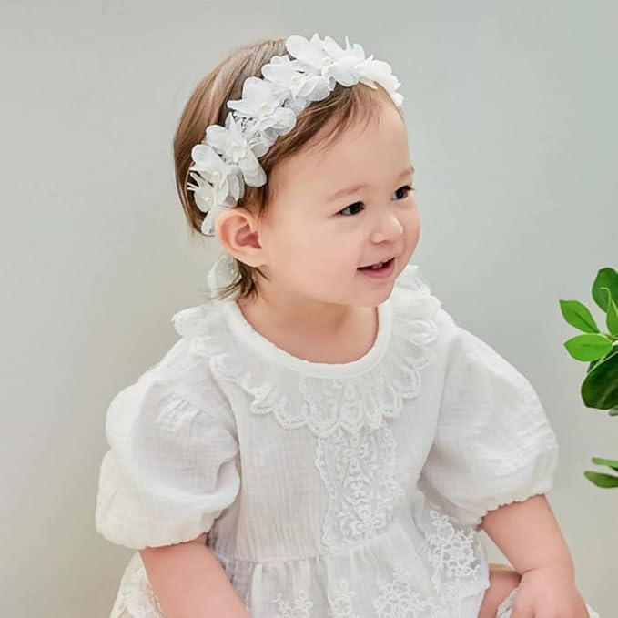 Floral Lace Hair Bow for Baby Girls Soft Stretch Headband for Newborns to Toddlers Baby Shower Birthday Hair Band 0-36 Months (White flower, Free)