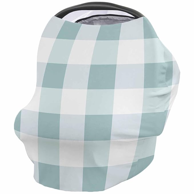 Aqua Blue White Plaid Car Seat Covers for Babies, Modern Geometric Checkered Lattice Nursing Breastfeeding Covers Stretchy Breathable Baby Carseat Canopy Cover for Girls and Boys Shower Gifts