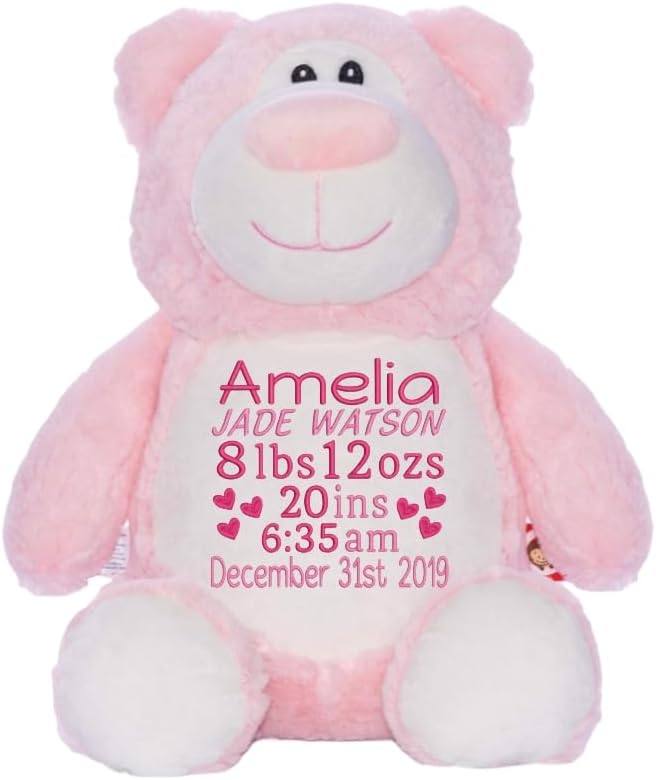 Personalized Pink Bear Plush, Embroidered Stuffed Animal, Custom Girl Keepsake, Newborn Gift, Baby Shower Present, Christmas Baby Gift, Personalized Birth Stats Bear, 14 inch Plush