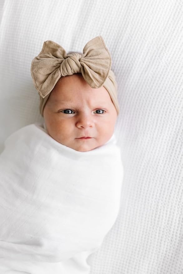 Baby Bling Bows - Newborn to Little Baby Girl Bows, 2PK PRINT SOLID KNOTS Nylon Super Soft Stretchy Toddler Headbands, Perfect Hair Accessories Head Bands for Infant Kids (Winter Garden & Oak)