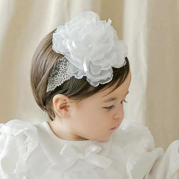 White Lace Flower Headband for Baby Girls Toddler Christening Baptism Hairband Soft Lace Floral Birthday Party Hair Accessories for Newborn Infants Kids (Style 7, One size)