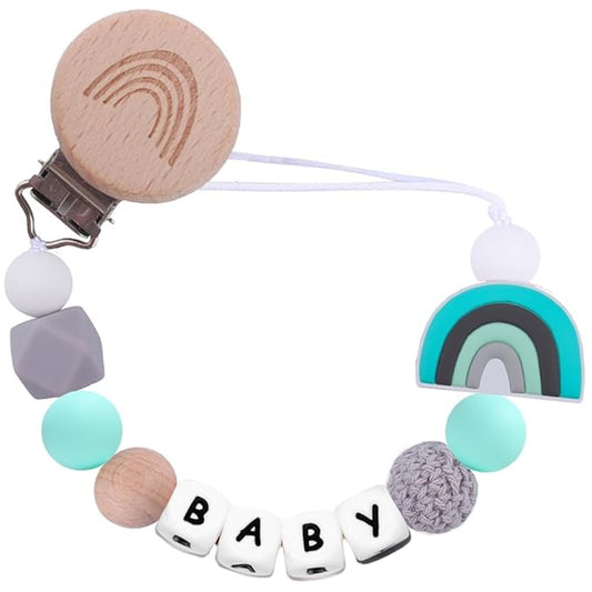 Rainbow Pacifier Chain, Rainbow Pacifier Clip Gift for Baptism or Birth, Newborn with Silicone Letter (Grey)