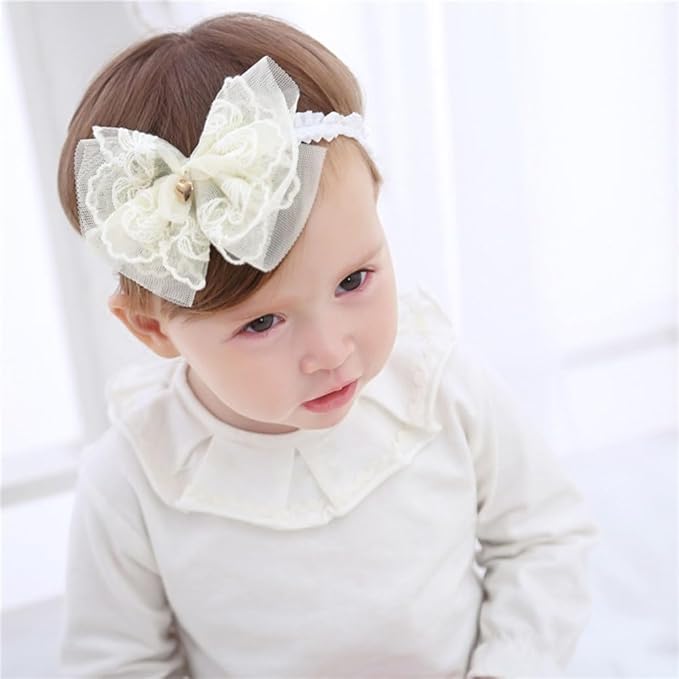 Lace Flower Bow Baby Girls Headband Pink Knot Infant Wrap Soft Chiffon Elastic Baby Turban Hair Band for Newborn Infant Toddler Kids (Ivory D)