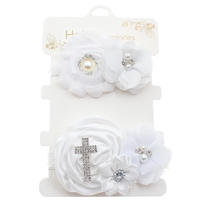 Baby Baptism Headband Lace Bow Headband Christening Headbands with Pearls TSFD30 (Cross Set)