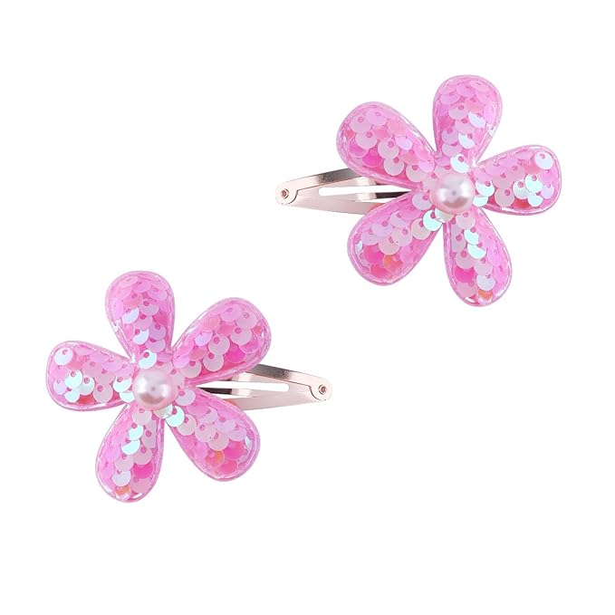 2Pcs Sequins Flower Hair Clips for Girls Cute Snap Hair Clips with Pearl Hair Barrettes Spring summer Hair Accessories Birthday Party Supplies (pink)