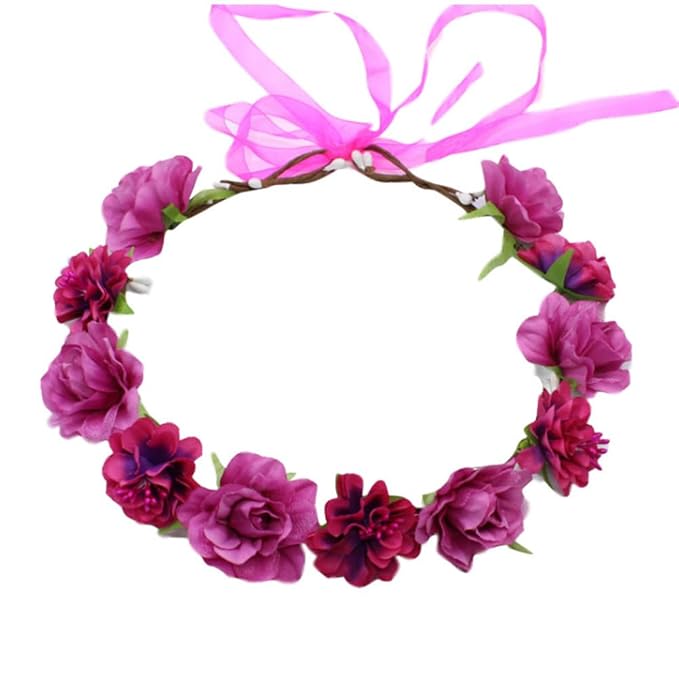 AKOAK 1 Pack Flower Crown, Bohemian Wreath for Girls Floral Tiara, Wedding Headband, Bride Bohemian Wreath/Baby Shower/Photo/Toddler (Rose Red)