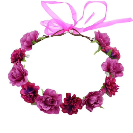 AKOAK 1 Pack Flower Crown, Bohemian Wreath for Girls Floral Tiara, Wedding Headband, Bride Bohemian Wreath/Baby Shower/Photo/Toddler (Rose Red)