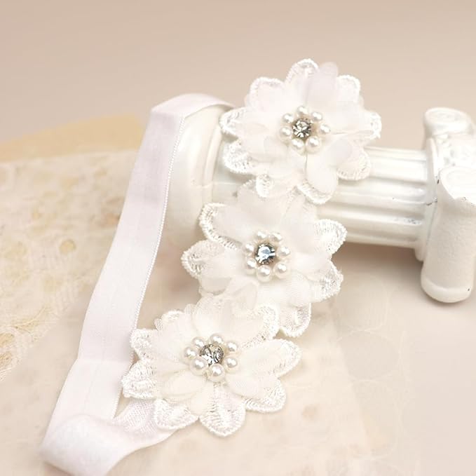 Bethynas White Flower Lace Elastic Headband for Baby Girls Floral Baptism Christening Toddler Hairband Infant Flower Pearl Birthday Party Hair Accessory for Newborn Girl (White)