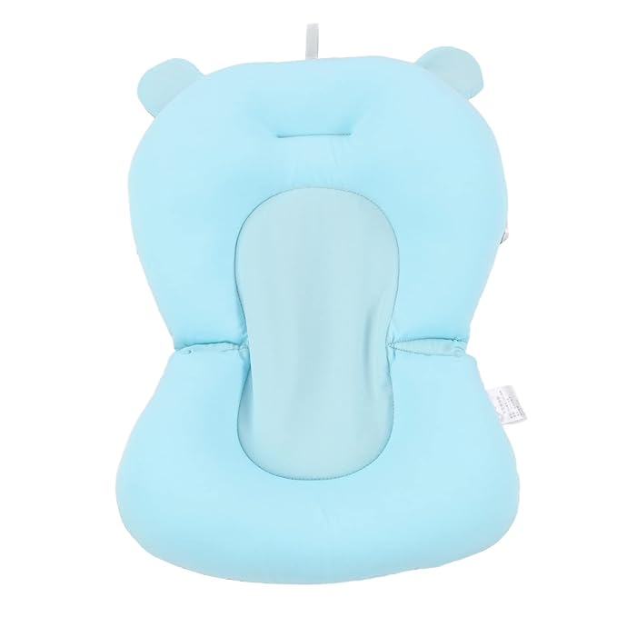 Baby Bath Cushion Pad - Newborn Bathtub Mat with Infant Bath Supporter Net and Nonslip Floating Seat (Blue Bear)