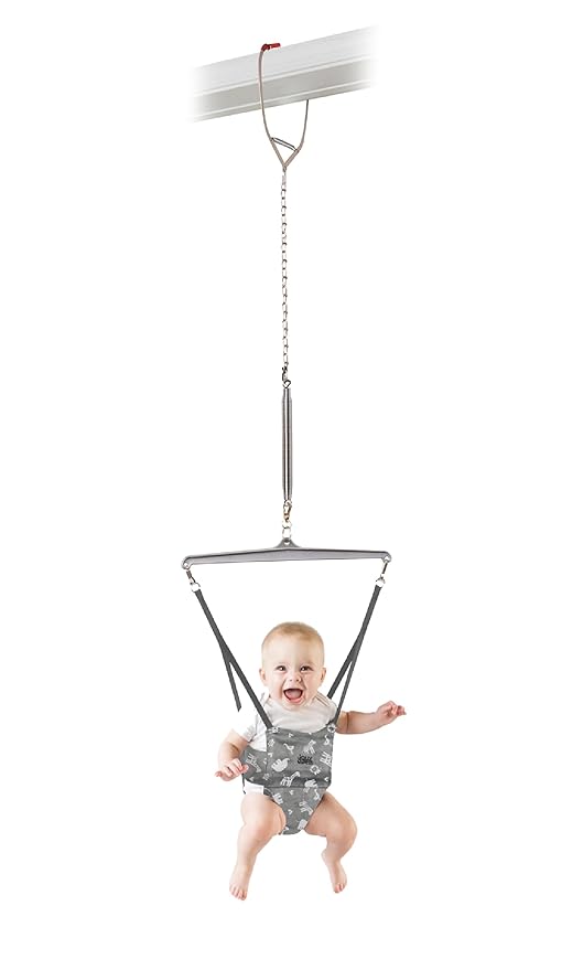 Jolly Jumper Iconic (Grey Safari), Doorway Baby Jumper, Indoor Exercise Saddle Seat, Adjustable Height, for Infants up to 28lbs, Black, No Stand Required