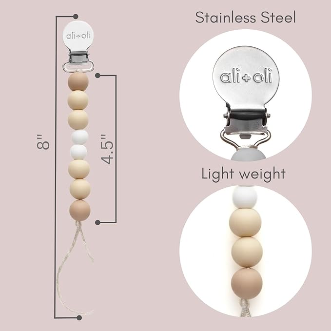 Ali+Oli Silicone Pacifier Clip for Baby (Natural) 100% Food-Grade BPA Free Newborn Pacifier Holder Infant Binky Clip for Baby Boy or Girl