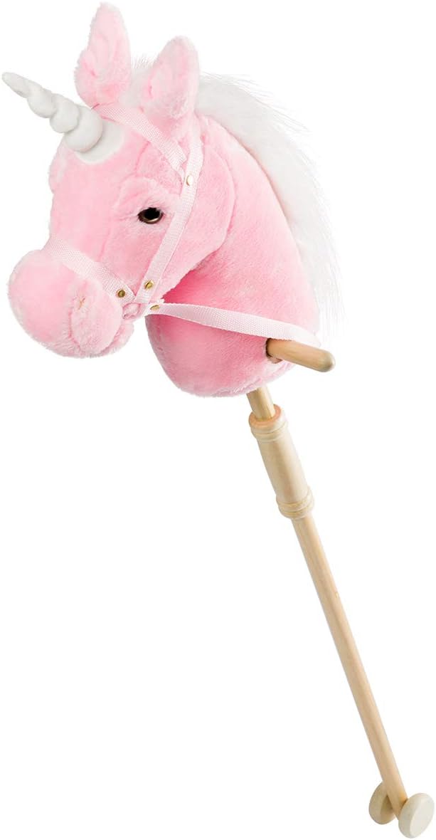 HollyHOME Plush Unicorn Stick Horse with Wood Wheels Real Pony Neighing and Galloping Sounds Plush Toy Pink 37 Inches(AA Batteries Required)