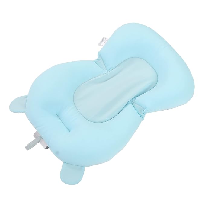 Baby Bath Cushion Pad - Newborn Bathtub Mat with Infant Bath Supporter Net and Nonslip Floating Seat (Blue Bear)