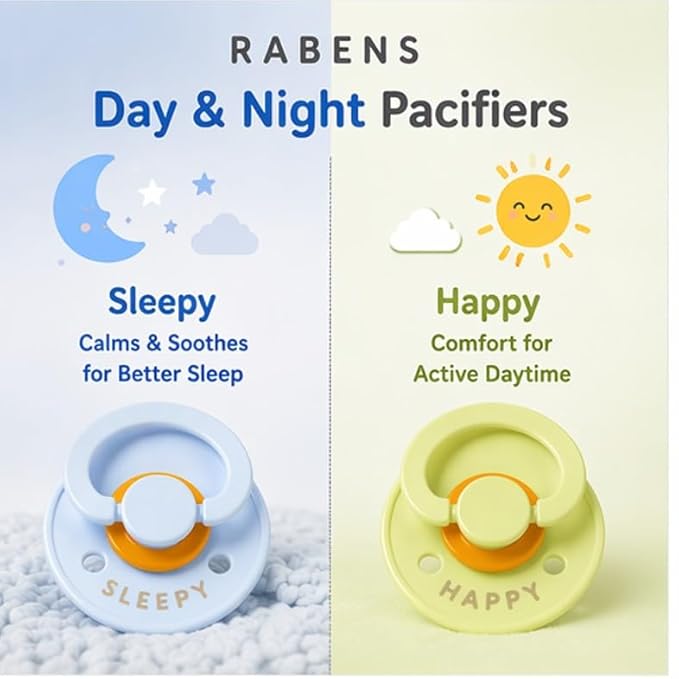 RABENS Silicone Pacifiers 2 Pack Happy & Sleepy Design BPA Free Natural Rubber Nipple Emotional Support for Babies 0–36 Months