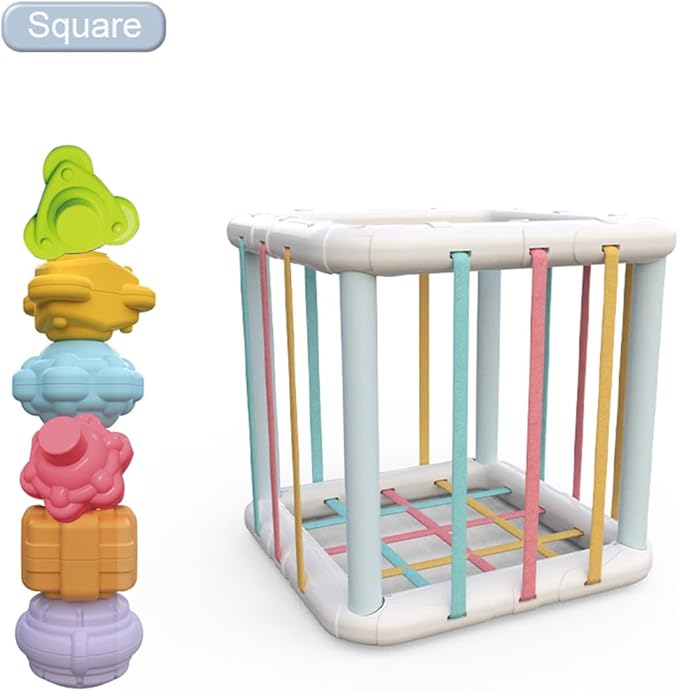 Montessori Toys,6 Pc Multi Sensory Shape Toys and Cube Bin, Shape Sorter Baby Toys for Girls Boys Birthday Gift,Toddler Developmental Learning Toys,Learning & Fine