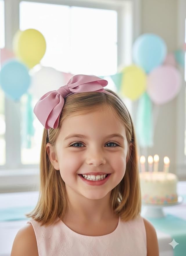 ClassExceed Dusty Pink Bow Headband for Girls 3–12 – Spring Hair Accessory, Solid Color Ribbon Kids Headband for Party & Photos