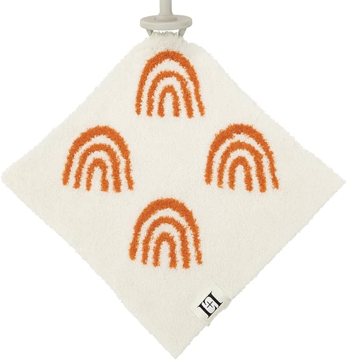 L+L USA Rainbow Baby Lovey Pacifier/Teether Holder 10"x10" - DreamSoft Plush Fluffy Cuddly Soothie Reversible Mini Comfort Blanket - Cute Newborn Gift Essential Babies Boys Girls (Rust Orange/White)