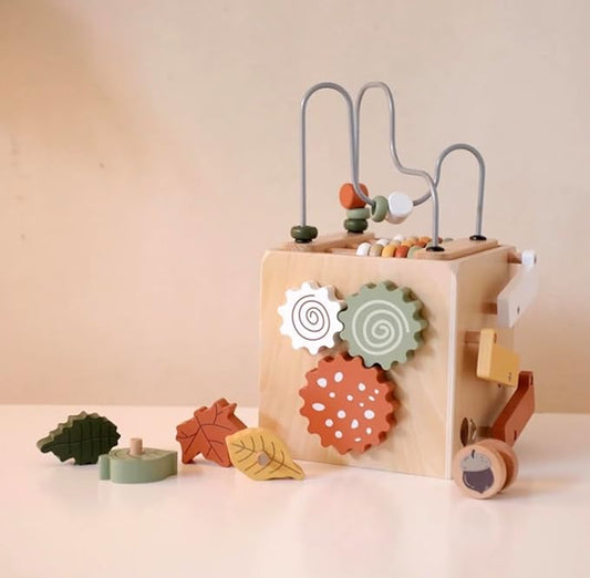 Wooden Activity Cube, Bead Maze, Gears, Shapes, Rabbit Figure, 10 x 10 x 10 inches