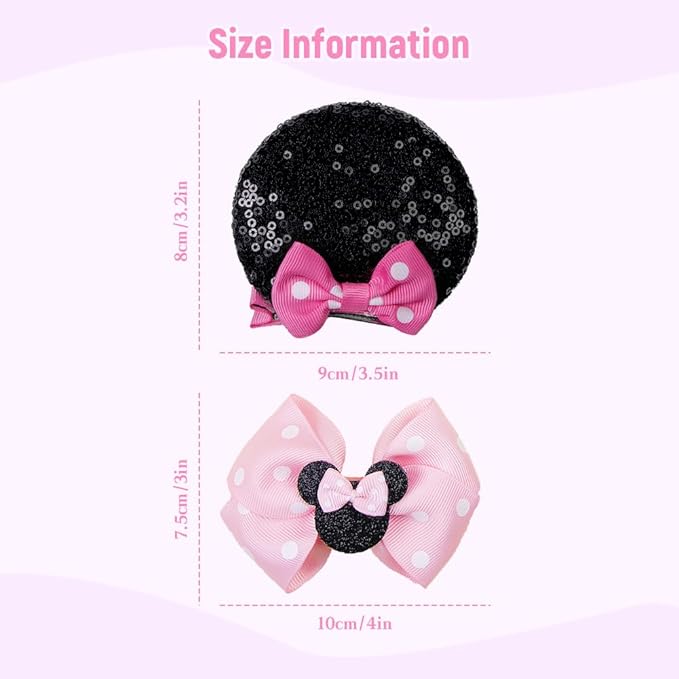 2 Pairs Pink Dot Mouse Ears Hair Clips & Mouse Hair Bows Barrettes for baby Girls Accessories Birthday Party Decorations Gift