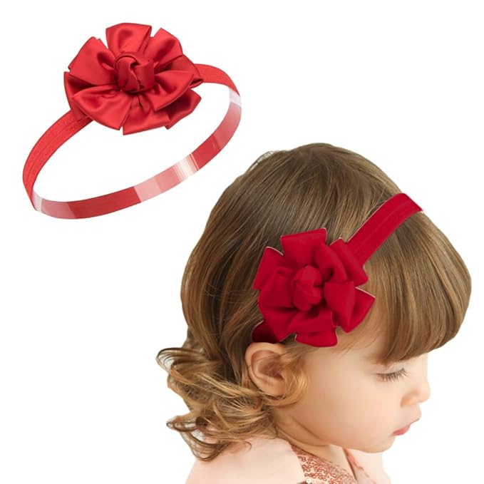 Large Flower Elastic headband for Baby Girl Infant Soft Fabric Chiffon Floral Hairband Toddler Newborn Christening Baptism Hair Accessories (Flower 6 - Red, Elastic)
