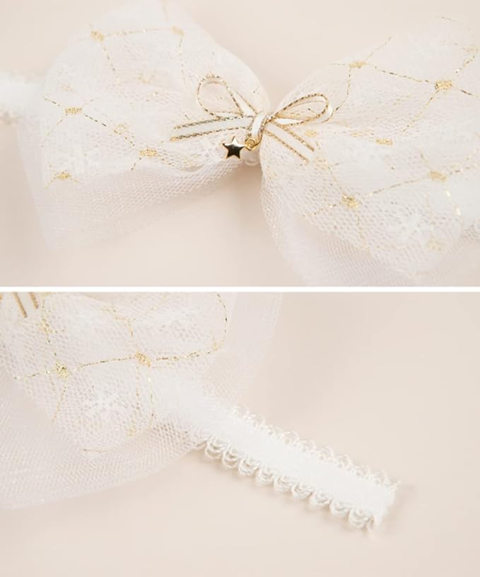 Baby Girls Lace Bow Headband Cute Chiffon Bow-Knot Toddler Hairband Elastic Soft Lace Infants Birthday Party Hair Accessories (White-3, One size)