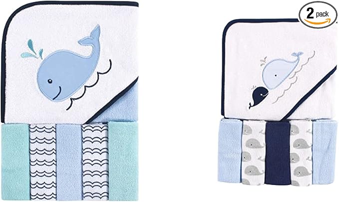 Luvable Friends Boy Hooded Towel with Five Washcloths 2-Pack, Whale Whale