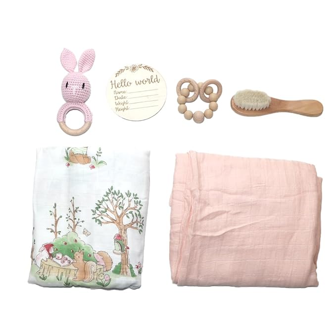 DI'FRANT® Newborn Baby Gift Box | Baby Essentials Educational Teething Toy & Soothing Crochet Rattle Set |Baby Boy Stuff Bamboo & Cotton | Perfect Baby Toy Full Moon Eco-Friendly (Light Pink Rabbit)