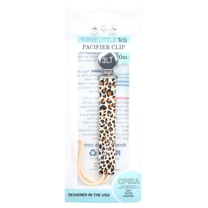 Three Little Tots All Silicone Modern, Short and Safety Tested Pacifier Clip (Leopard, Printed)
