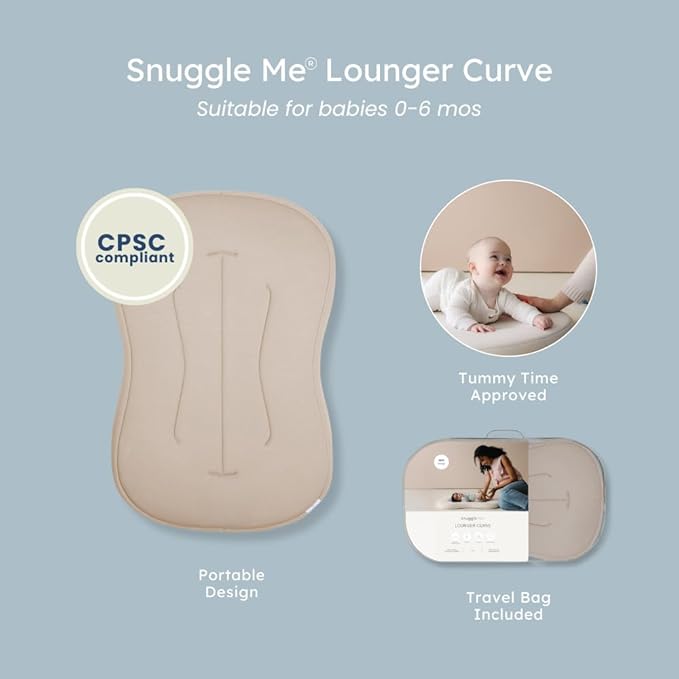 snuggle me® Baby Lounger Curve (0-6 Months) - Premium Organic Cotton with Foam Core, Machine-Washable Cover, Buttery-Soft & Breathable CSPC Compliant Infant Lounger Baby Nest with Travel Bag - Birch