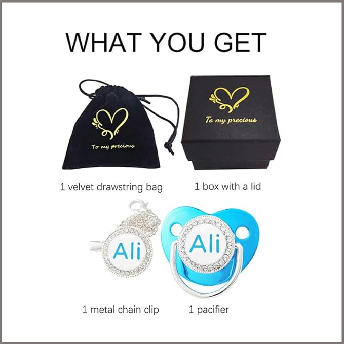 Personalized Name Bling Baby Pacifier with Luxury Gift Box Package, Customized Letters BPA Free Pacifier for Newborn M(6-18m) (Metalic Blue)