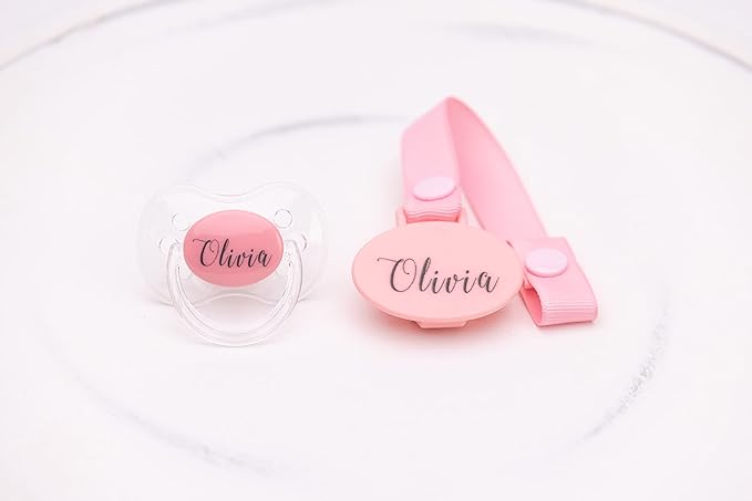 Personalized Pacifier and Pacifier Clip Pink (0-6 or 6-18 Months) BPA-Free CAN BE STERILIZED 3 Nipple Shapes (6-18 Months)