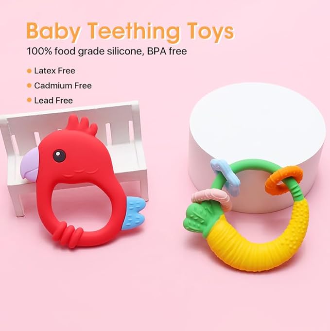 Baby Teether with Easy-Hold Handle, Silicone, BPA-Free, Soothe Sore Gums, Textured for Sensory Development, Teethable Surfaces - Baby Teething Toy for 3 Months & Up (Raddish and Bird)