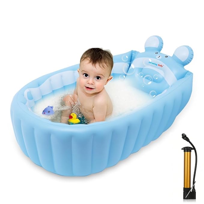 | Inflatable Baby Bathtub,Newborn Bathtub Seat for Infant,Non-Slip Baby Pool for Sitting up,Foldable Toddler Tub Shower,Portable Travel Bath for Kids 0-6 Year (Blue, Animal Print)