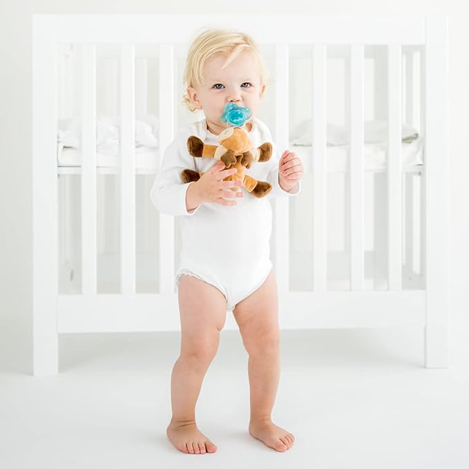 PaciBuddy Deer Pacifier Holder - Plush Toy with Detachable Pacifier & Universal Adapter, Gender Neutral Baby Gift for 0+ Months - Infant Plush Baby Toy, Versatile Baby Essentials, Binky