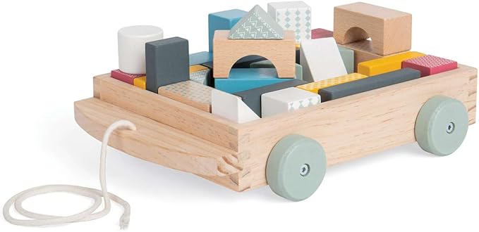 Bigjigs Toys FSC® Certified Brick Pull Along Cart - Wooden Pull Along Wagon with Baby Blocks for 18 Months +, Sustainable Pull Along Toy & Wooden Baby Walker, Educational Shape Game