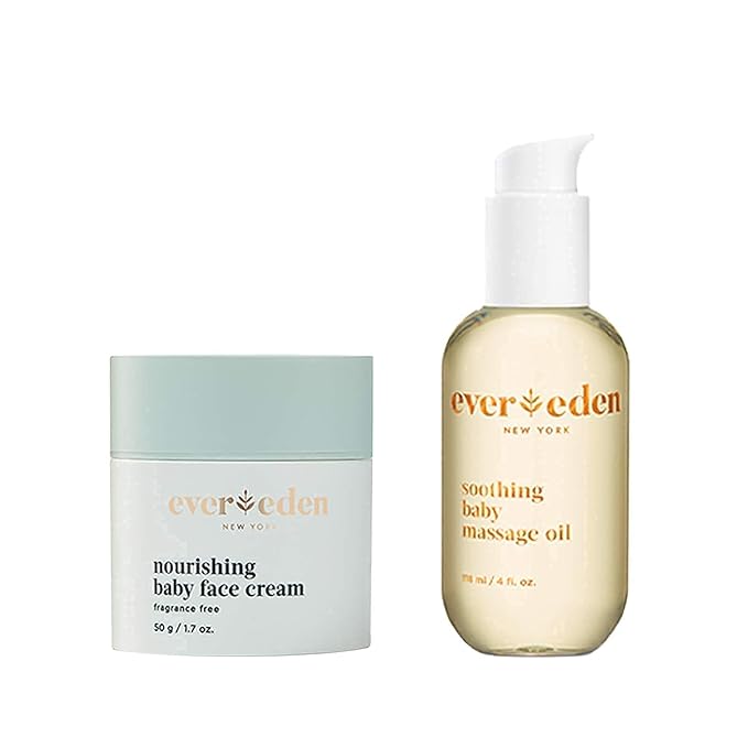 Evereden Soothing Baby Massage Oil, 4 fl oz & Nourishing Face Cream, 1.7 oz | 2 Item Bundle Set | Clean and Unscented Baby Care