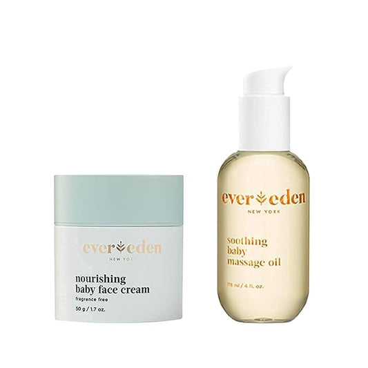 Evereden Soothing Baby Massage Oil, 4 fl oz & Nourishing Face Cream, 1.7 oz | 2 Item Bundle Set | Clean and Unscented Baby Care