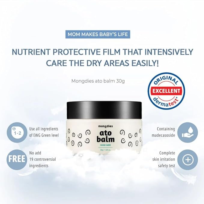 Mongdies Baby Ato Balm | Intensive Moisture Barrier Balm for Dry Sensitive Skin | Non Sticky Ceramide Balm with Plant Oils | For Cheeks Hands & Dry Areas | Vegan EWG Green | 1.05 oz | 3 Pack