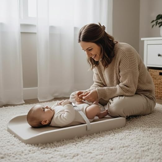 2-in-1 Baby Changing Pad with Integrated Scale, Contoured Wipe-Clean Foam, Non-Porous Waterproof Surface, Digital Baby Weighing Pad for Routine Changes, Safety Strap, Neutral Nursery Essential