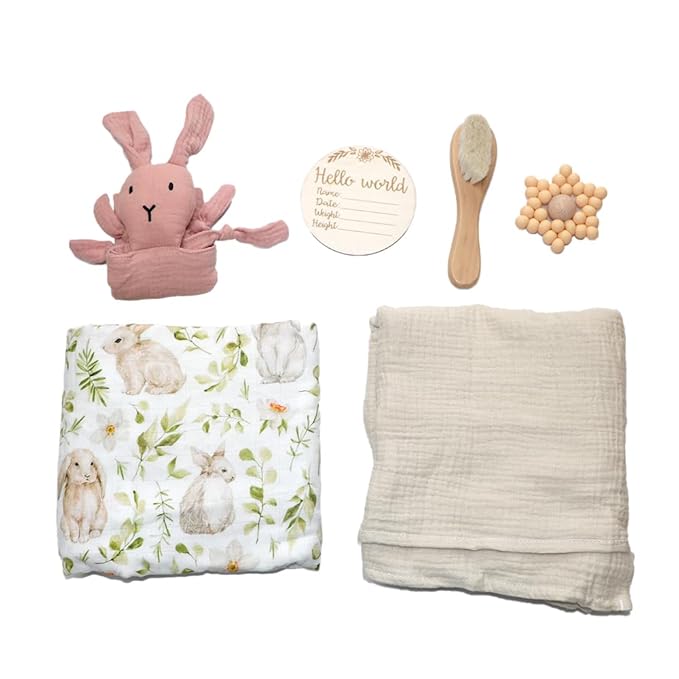 DI'FRANT® Newborn Baby Gift Box | Baby Essentials Educational Teething Toy & Soothing Crochet Rattle Set |Baby Boy Stuff 70% Bamboo & 30% Cotton | Perfect Baby Toy Full Moon Eco-Friendly (Pink Rabbit)