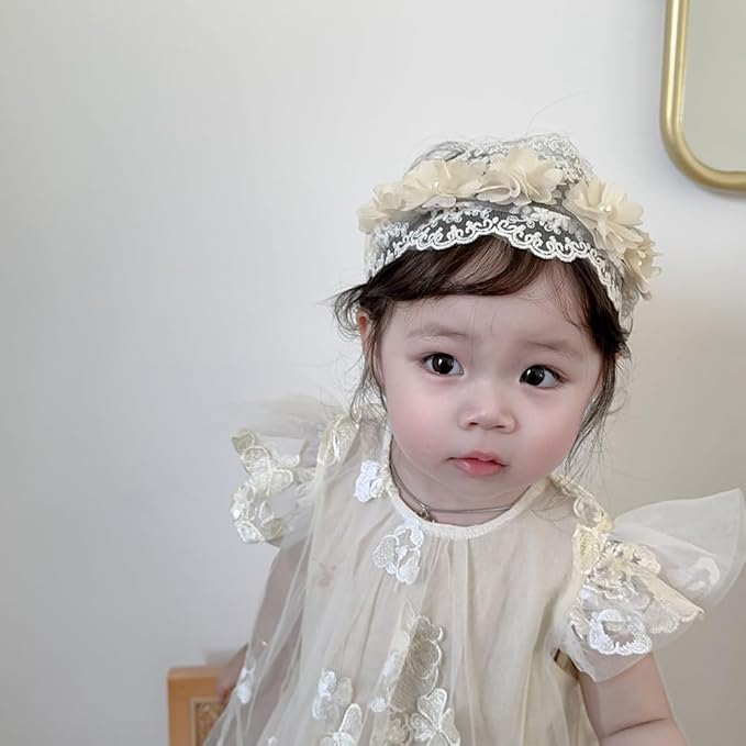 Baby Girls Headband Lacy Bow Pearl Wide Hair Band Turban for Infants Newborn Toddler Floral Ivory Elastic Head Wrap Breathable Sun Bonnet Hair Accessories (Ivory E)