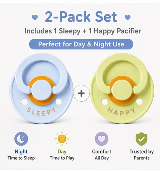 RABENS Silicone Pacifiers 2 Pack Happy & Sleepy Design BPA Free Natural Rubber Nipple Emotional Support for Babies 0–36 Months