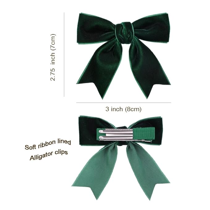 2 Pcs Cute Dark Green Velvet Hair Bow Clips 3" Bowknot Alligator Clip Barrettes Hairpins for Girl Kids Accessories