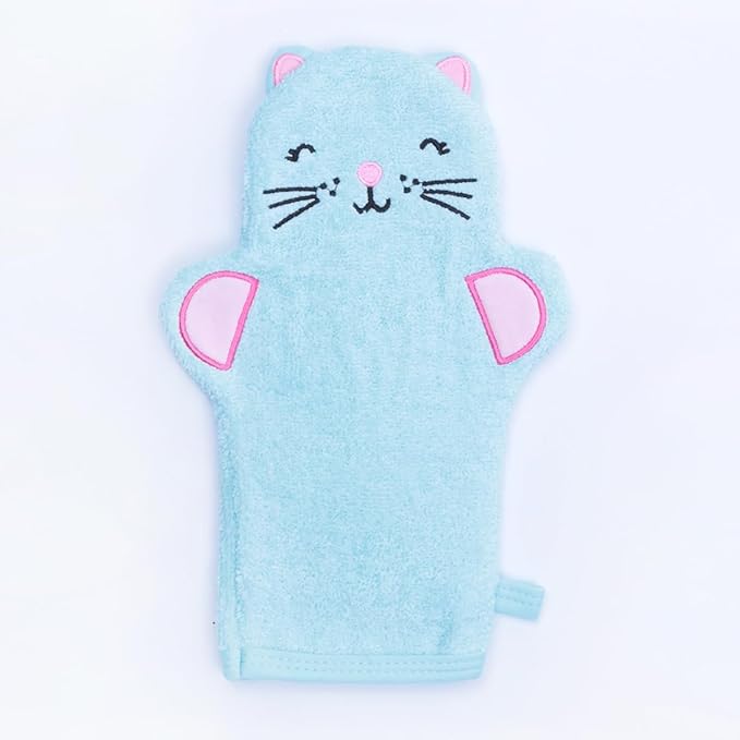 JN&LULU Baby Organics Bath Mitt Toddlers Bath Cotton and Soft Scrub Bathing Loofah Baby Shower Gifts (Blue Kitty)